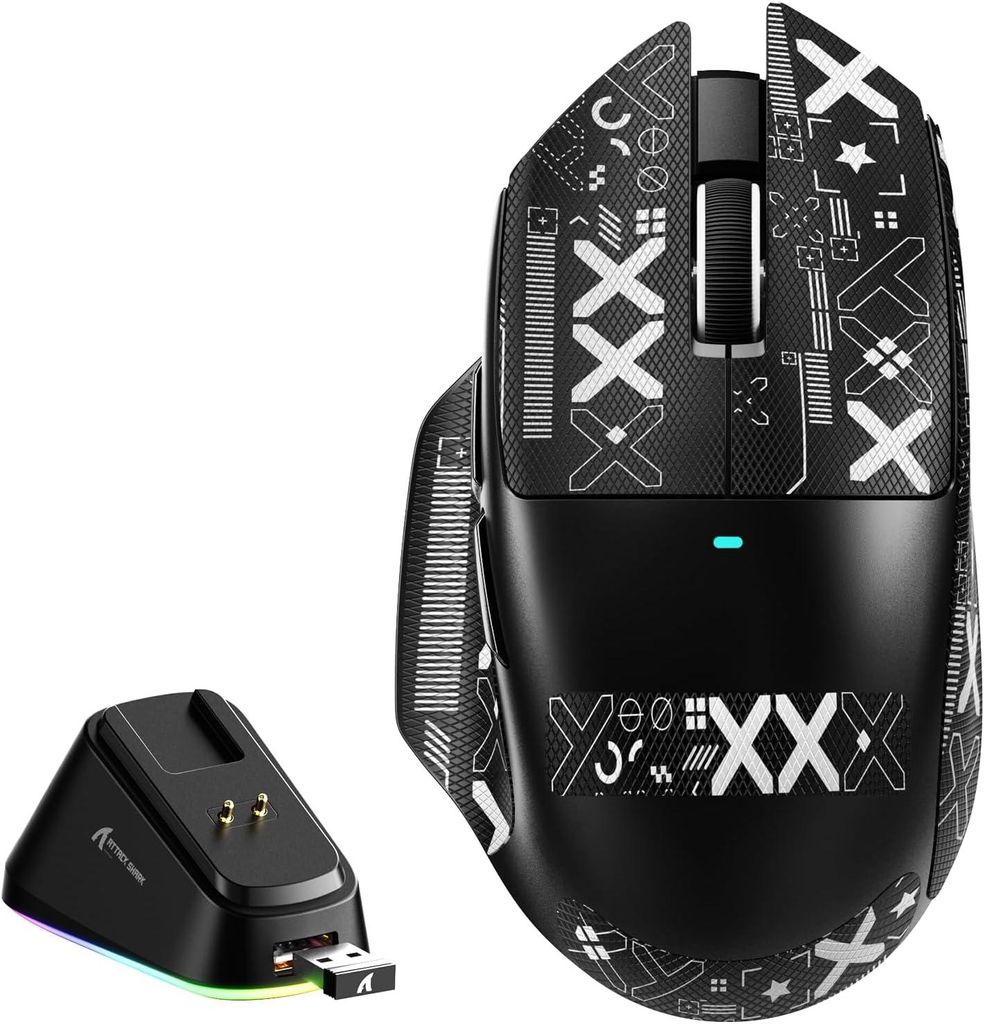 Gaming-Maus mit Magnet-Ladestation, 65 g Leichtgewicht, PAW3311 Sensor, 25.000 DPI, BT/2.4G/USB-C, 100 Mio. Klicks, 500mAh Akku für Rechtshänder