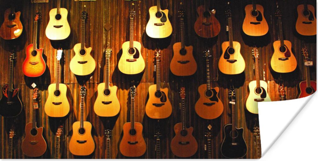 MuchoWow Poster Viele Akustikgitarren hängen an einer Wand 150x75 cm - ohne Rahmen