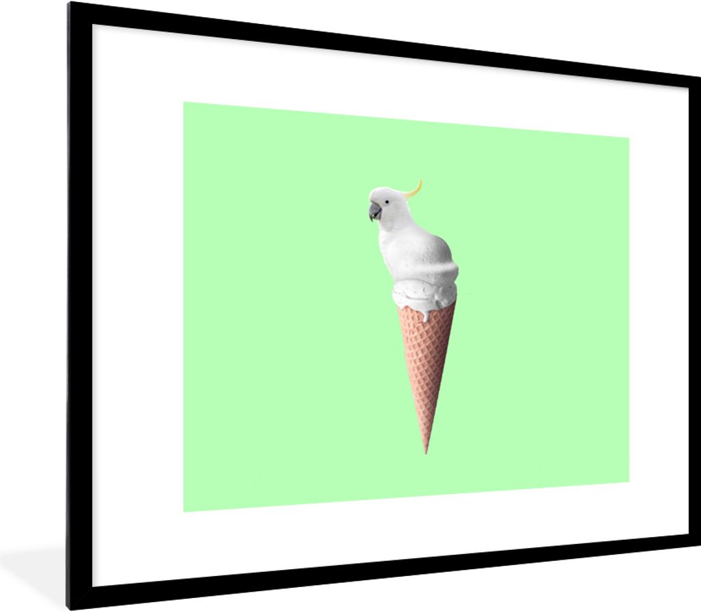 MuchoWow Gerahmtes Poster Papagei - Eistüten - Eiscreme - Weiß - Grün 80x60 cm - Poster mit Schwarzem Bilderrahmen Wandposter Rahmen Foto Bild...