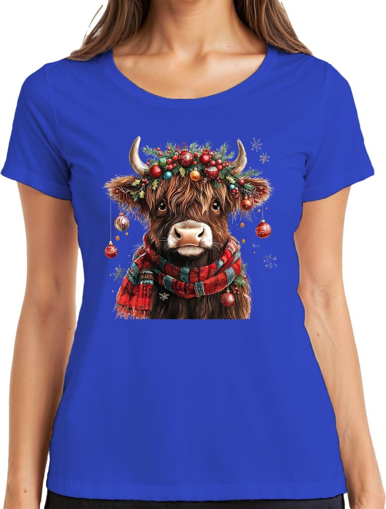 Schottische Hochlandkuh Weihnachten festlich Bauernhof Geschenk Damen T-Shirt, Blau, 3XL