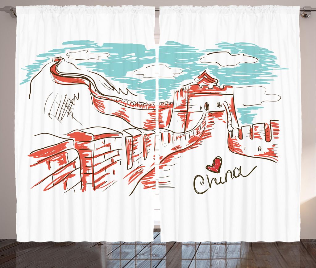 ABAKUHAUS Landschaft Rustikaler Vorhang, Skizzieren Sie Chinesisch, Wohnzimmer Universalband Gardinen mit Schlaufen und Haken, 280 x 225 cm, Aqua R...