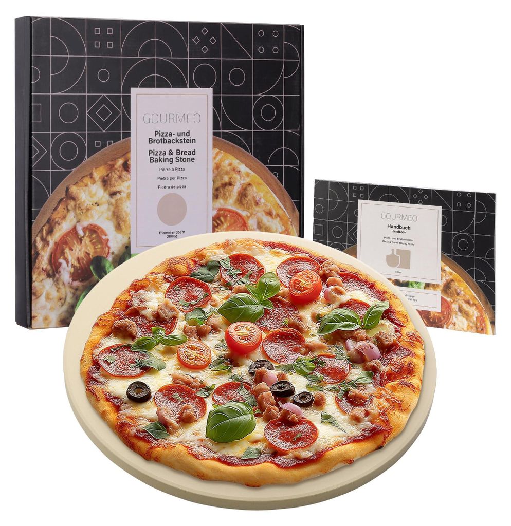 GOURMEO Pizzastein Cordierit rund - Durchmesser 35cm - Pizzastein für Backofen Grill Gasgrill - Pizza Stein - Steinplatte - Resistent gegen hohe