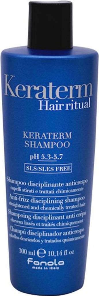 A blue bottle of Fanola Keraterm Shampoo against a white background.