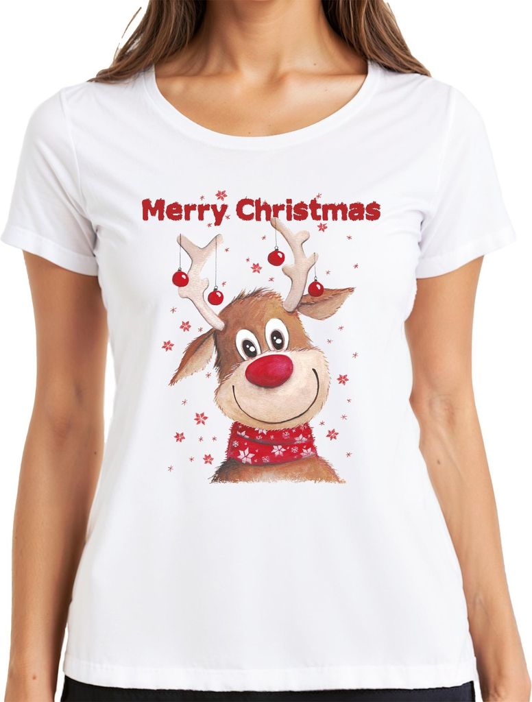 Merry Christmas süßes Rentier - Weihnachten Weihnachtsgeschenk Christmas Damen T-Shirt, Weiß, L