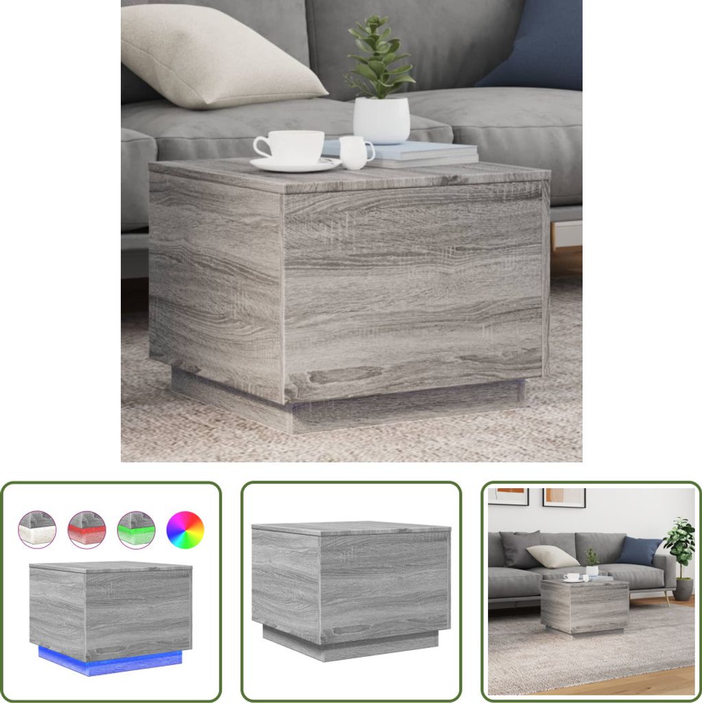 The Living Store Couchtisch mit LED-Leuchten Grau Sonoma 50x50x40 cm