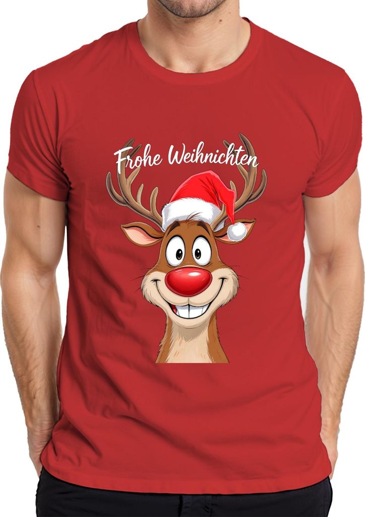 Frohe Weihnachten Rentier Rudolph Cartoon Lustig Weihnachtsmütze Herren T-Shirt, Rot, L