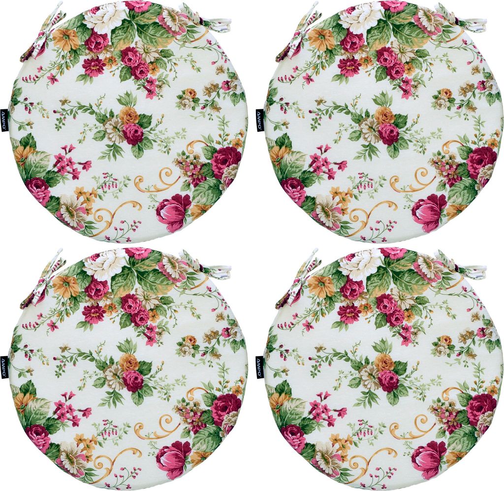 Four round seat cushions with a floral pattern are arranged in a 2x2 grid on a white background.