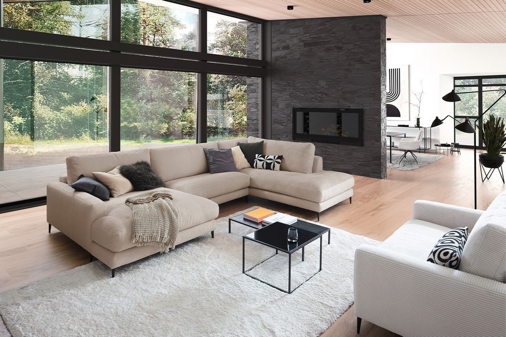 KAWOLA Sofa CARA Wohnlandschaft U-Form Cord taupe Longchair links