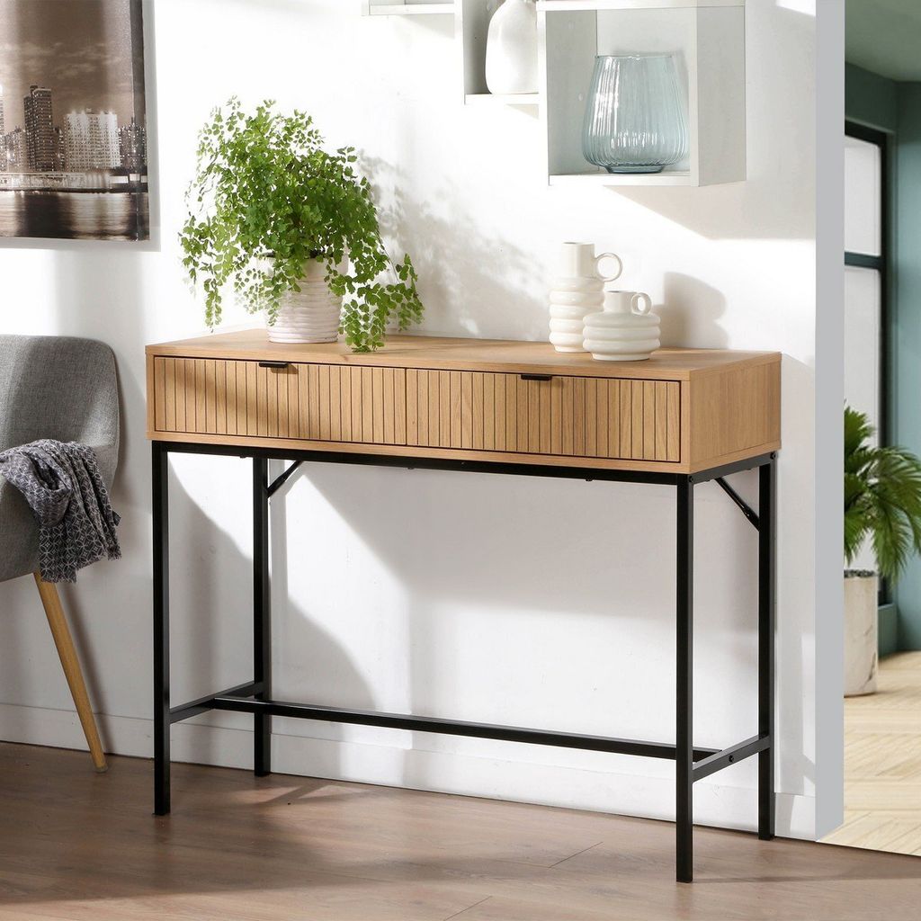 Konsole 2 Schubladen Front Effekt Holz mit Rillen - L100 x Produktbild 2