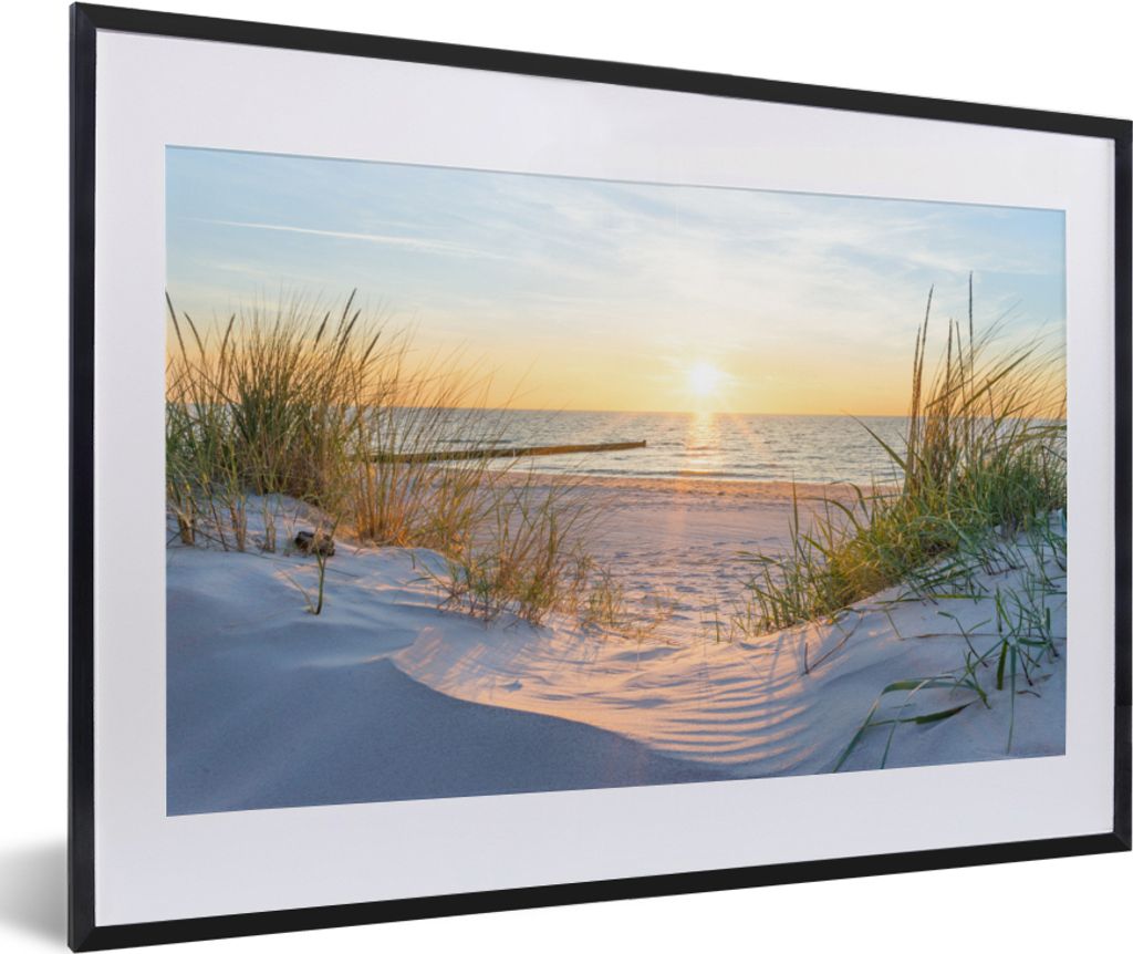 MuchoWow Gerahmtes Poster Strand - Sonne - Düne - Gras - Sand - Horizont 60x40 cm - Poster mit Schwarzem Bilderrahmen Wandposter Rahmen Foto Bil...
