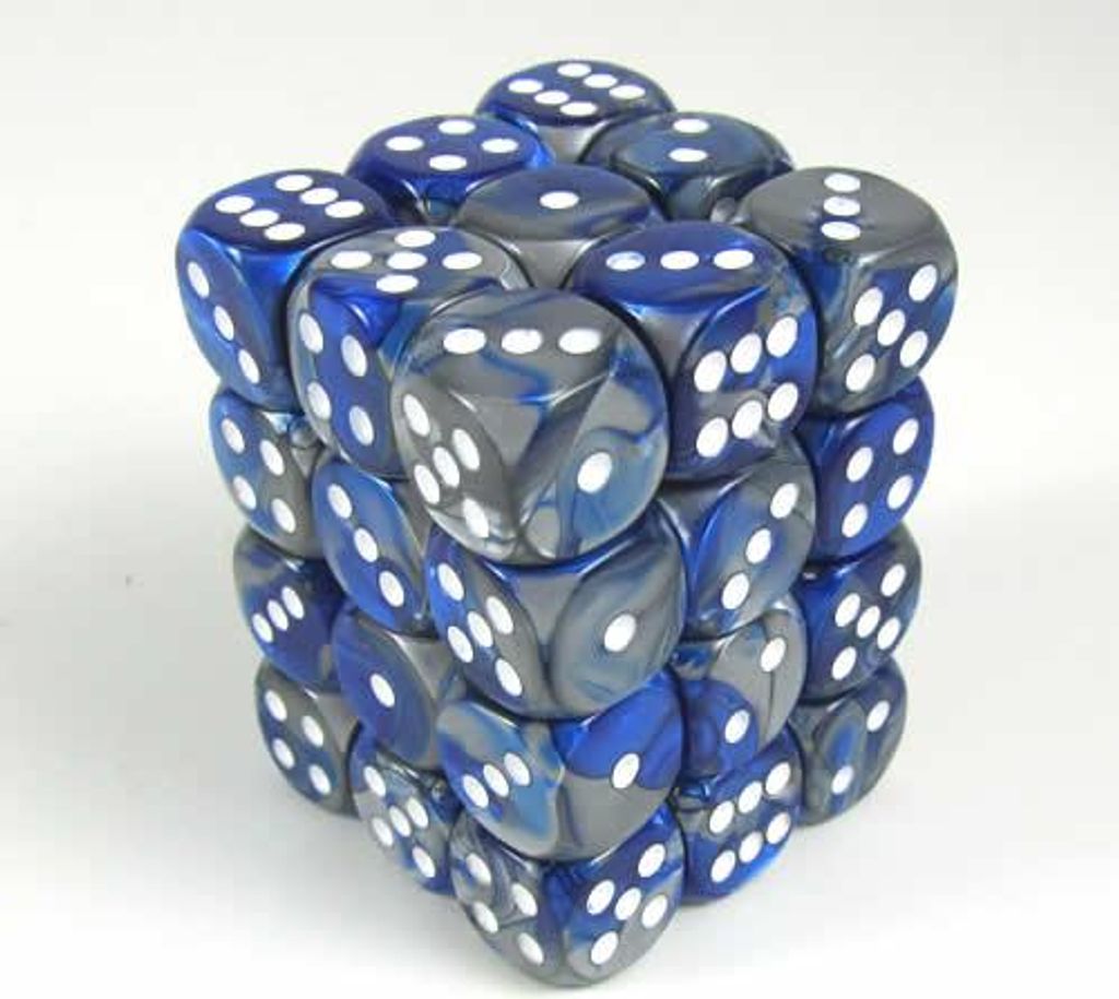 Chessex Gemini 12mm d6 Dice Blocks with pips Dice Blocks (36 Dice) - Blue-Steel w/white