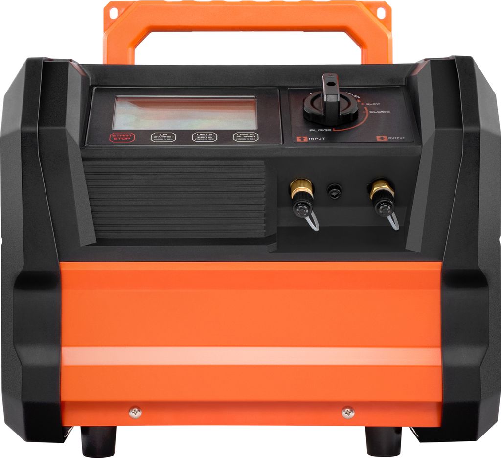 A close-up front view of an orange and black electronic device with a screen and controls.