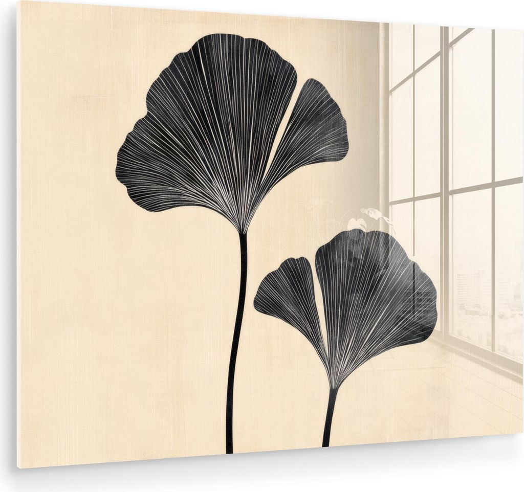 MuchoWow Glasbilder - Bilder auf Wandbild - Foto auf Glas Blätter - Minimalistisch - Schwarz 40x30 cm Wanddekoration aus Glas - Acrylglasbild - Ac...