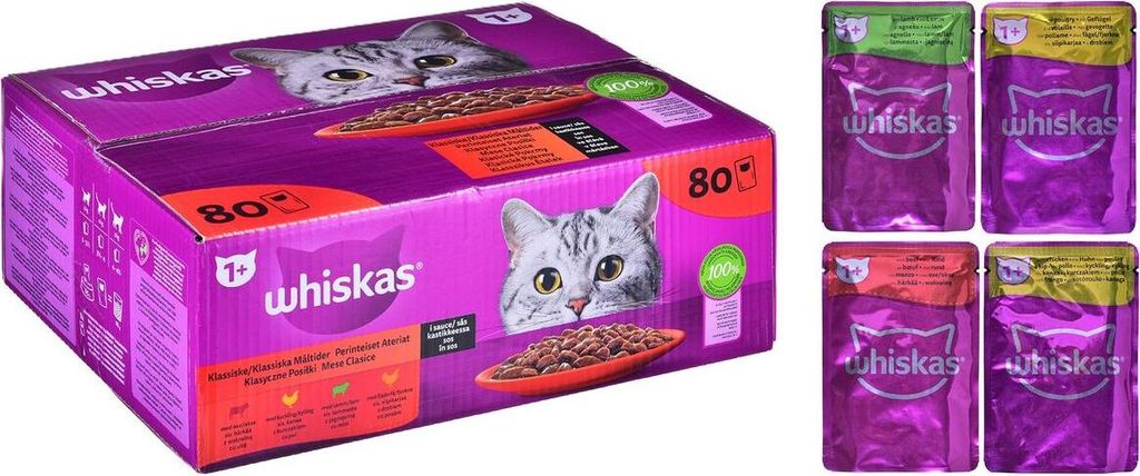 A collage of a box of cat food and individual pouches of cat food.