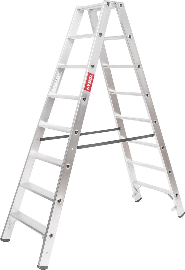 STIER Stufen Stehleiter Premium 2x8 Stufen beidseitig begehbar, Alu-Sicherheits-Stehleiter, Mehrzweckleiter, Klappleiter, Haltefläche, Arbeitsleit...