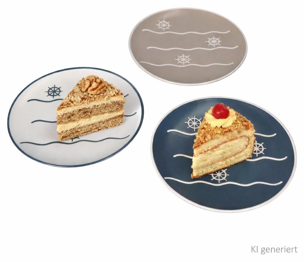 6er Set Kuchenteller Steuerradmotiv Keramik weiß blau beige Dessert
