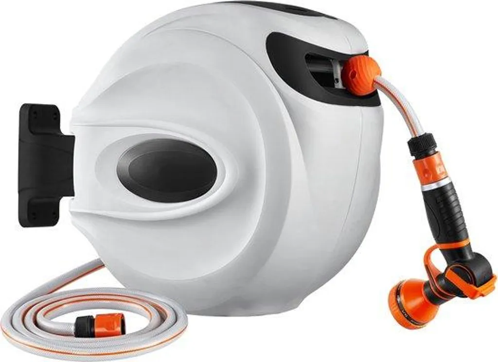 Dévidoir de tuyau d'arrosage blanc 20m avec pistolet multijet inclus