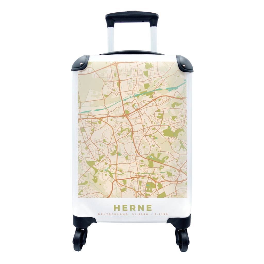 MuchoWow Koffer Handgepäck Trolley Rollkoffer Kleine Reisekoffer mit 4 Rollen - Herne - Stadtplan - Vintage - Karte - Cabin Size < 55x40x23 cm &...
