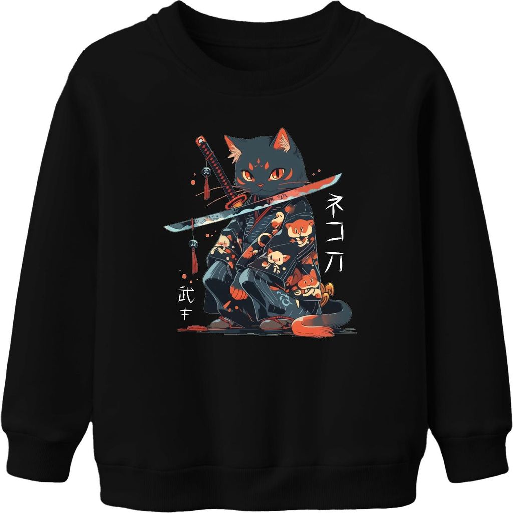 Samurai Katze Katana Kimono Kawaii Neko Japanisch Retro Manga Uni Kinder Sweatshirt Pullover, Schwarz, 116
