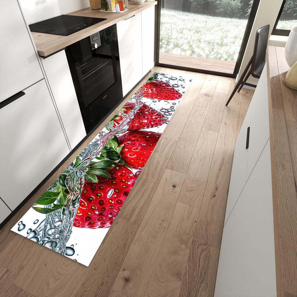 Küchenteppich 60x270cm rutschfest & abwischbar PVC Läufer - In Wasser Erdbeeren