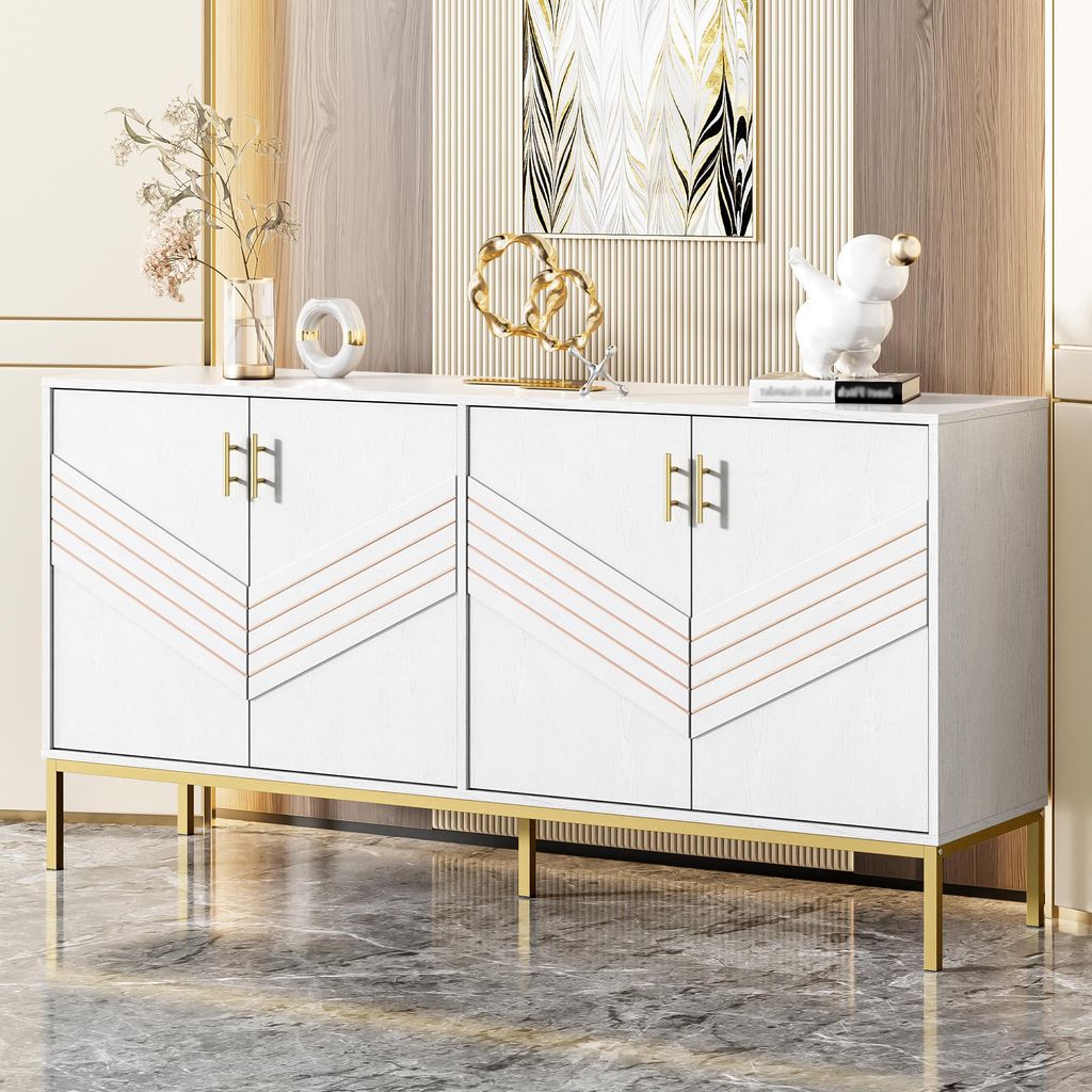 Merax Sideboard 160x40x80,5cm, 4 Türen mit höhenverstellbaren Regalen, Wohnzimmer Kommode MDF mit Metallbeinen, Modern und Elegant, Weiß Gold