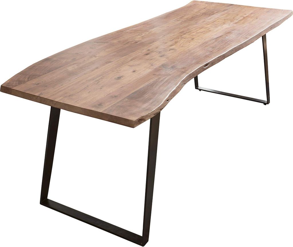 Esszimmertisch 200x100 cm Hobart, Baumkantentisch naturfarben, Akazienholz massiv, schräges U-Gestell aus Metall schwarz
