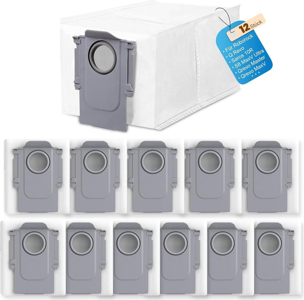 A product shot of vacuum cleaner dust bags, with a tag indicating quantity and compatibility.