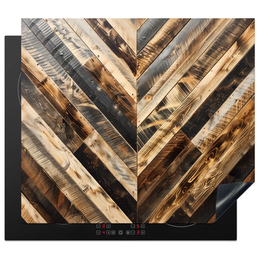 KitchenYeah Herdabdeckplatte Holzmotiv - Industriell - Fischgrätenmuster , 59x52cm, Küche Deko, Glaskeramikkochfeld Herdabdeckung, Abdeckplatte...