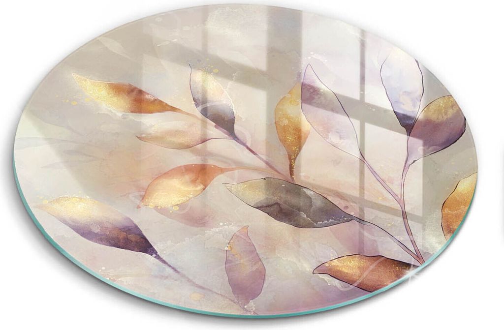 Glasschneideplatte - Herdabdeckplatte - fi40 cm -Schneidebrett - Spritzschutz - Bemalten Boho Blätter