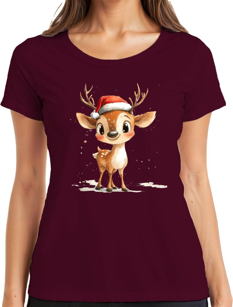 Weihnachtsrentier Aquarell Süß Santa Hut Geschenk Kinder Niedlich Damen T-Shirt, Burgundy, M