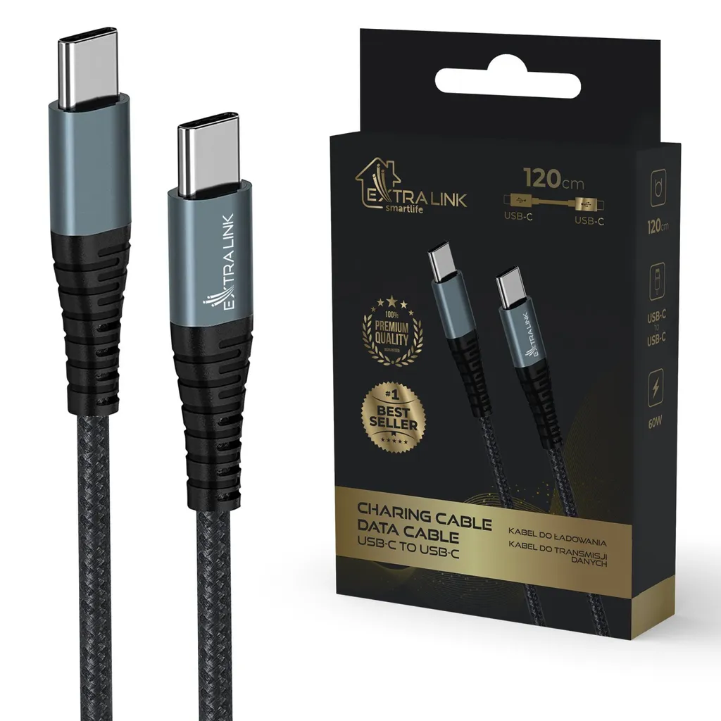 Extralink Smart Life Cavo USB-C a USB-C 120cm 60W PVC Grigio
