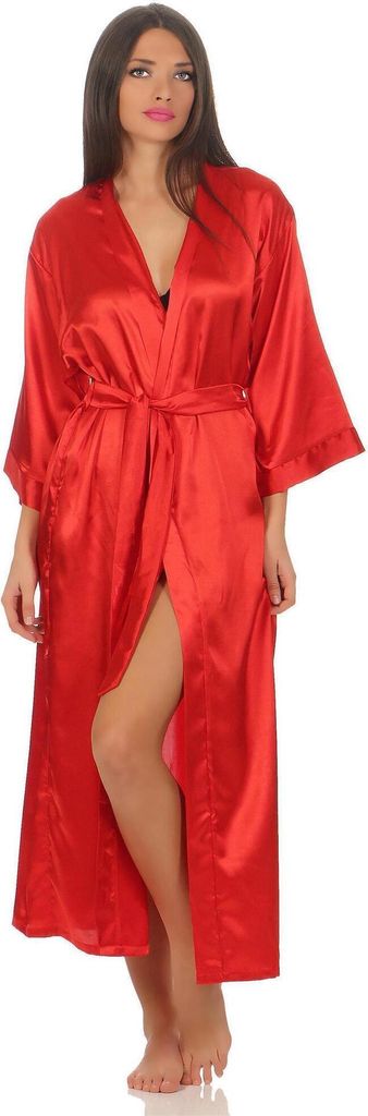 Damen langes Kimono Nachtmantel Seidenrobe Morgenmantel, Rot XL