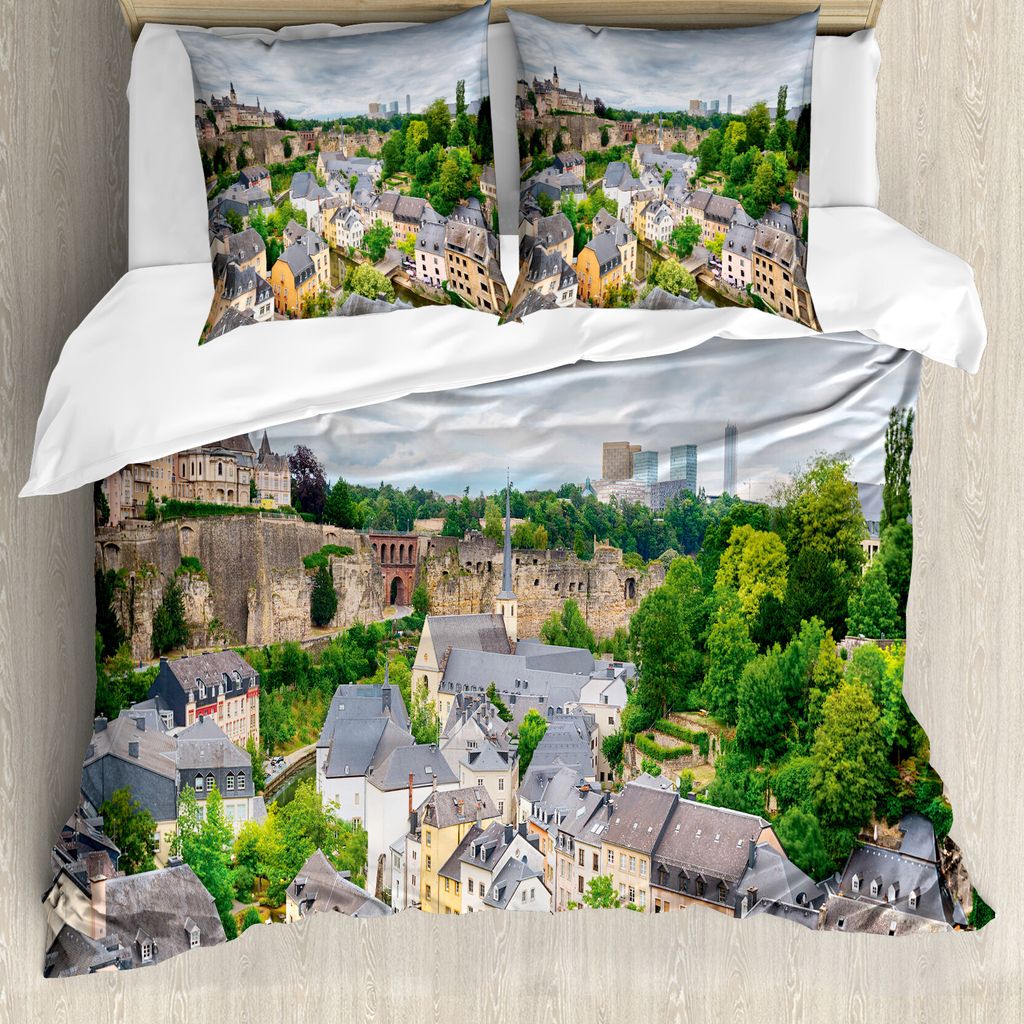 ABAKUHAUS Landschaft Bettbezug, Altstadt Luxemburg, Milbensicher Allergiker geeignet mit Kissenbezügen, 200 cm x 200 cm - 80 x 80 cm, Mehrfarbig