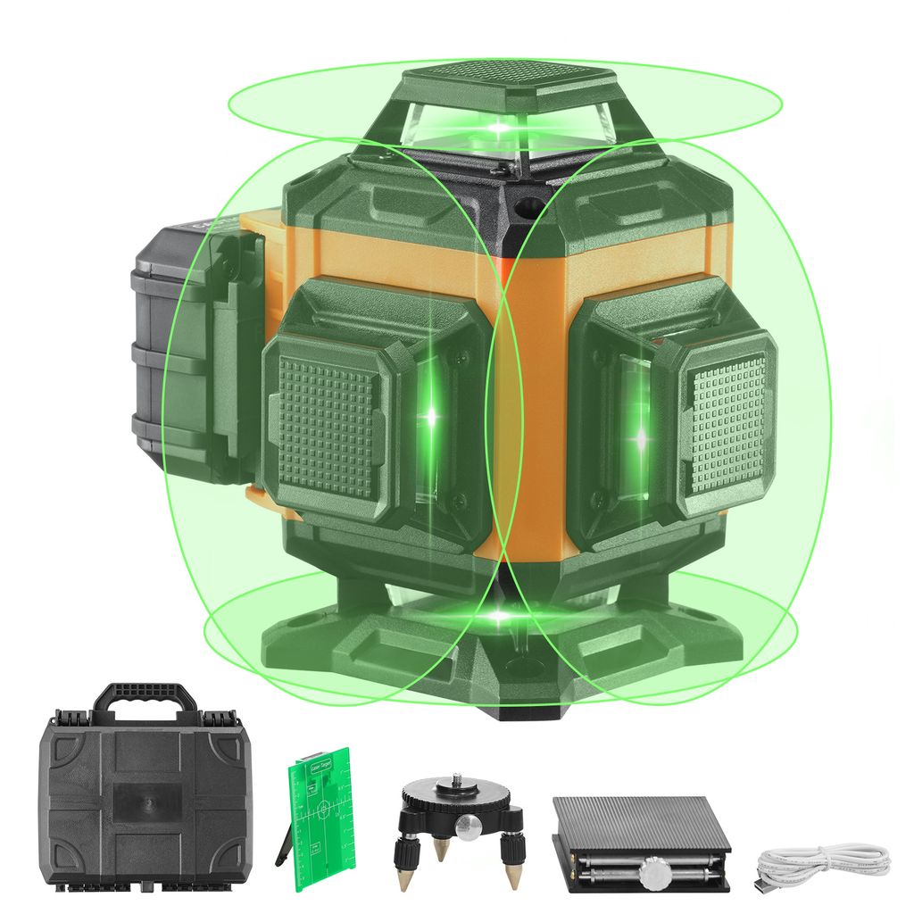 A laser leveler and its accessories are displayed against a white background.