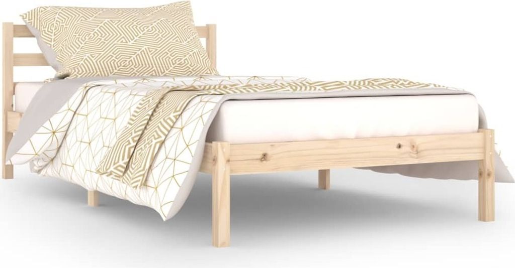 A single bed with bedding, presented against a white background.