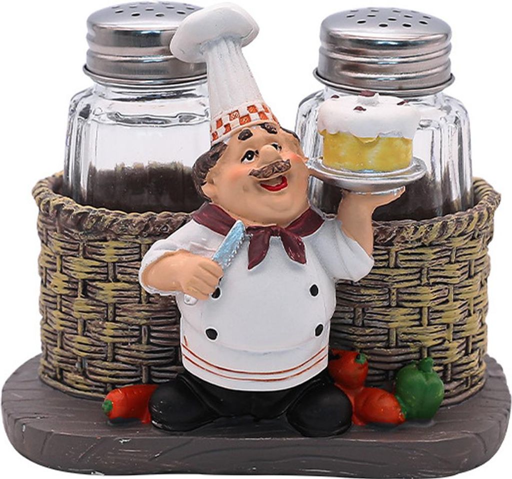 Salz- und Pfefferstreuer-Set, Gewürz-Organizer in Form einer stehenden Koch-Dekorationsstatue, Gewürzglas aus Glas mit Ständer, lebensecht