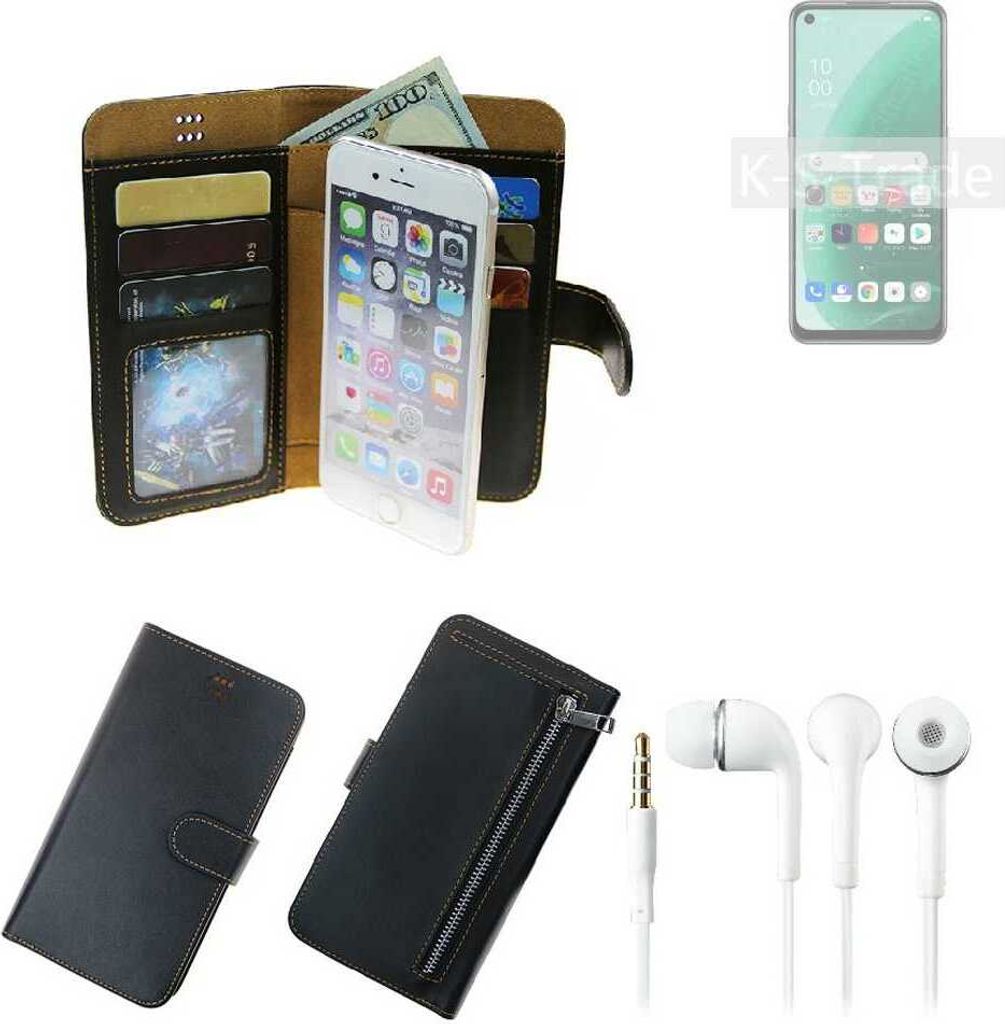 TOP SET Handy Hülle Schutz Hülle kompatibel mit Oppo A55s 5G schwarz aus Kunstleder + Kopfhörer Smartphone Tasche vollwertige Geldbörse