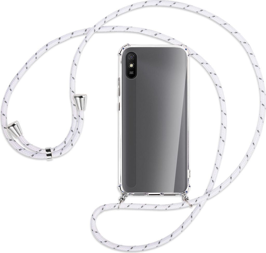 Handykette Backcover-Schutzhülle mit Band (Metall silberfarben) für Xiaomi Redmi 9A - weiß/grau