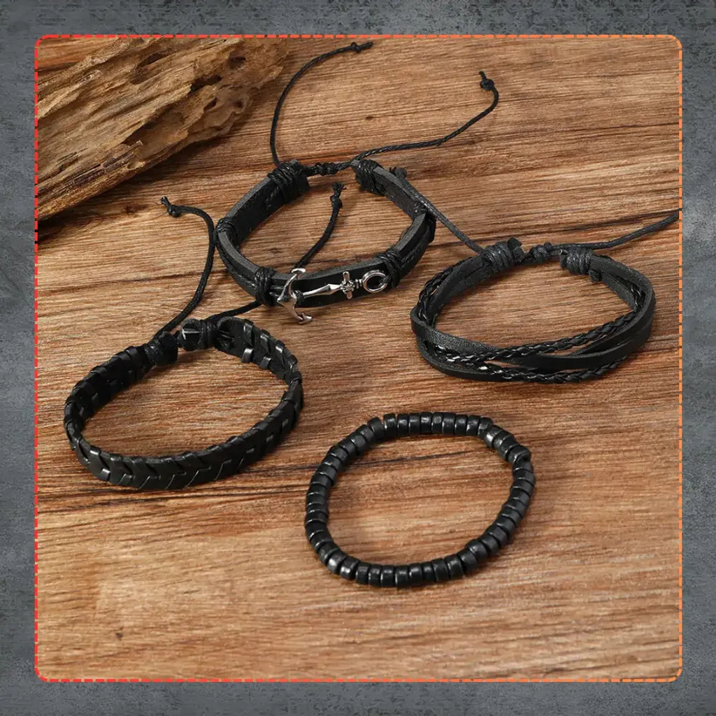 Camerazar Bracciale Uomo Ancora e Pelle Punk | Set 4 Pezzi Nero - 6