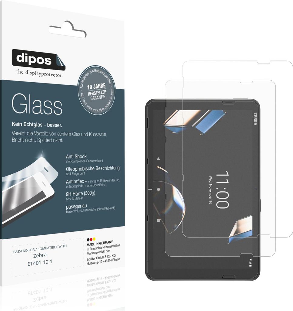 2x Schutzfolie für Zebra ET401 10.1 matt - Anti-Shock 9H Folie dipos Glass Kunststoffglas