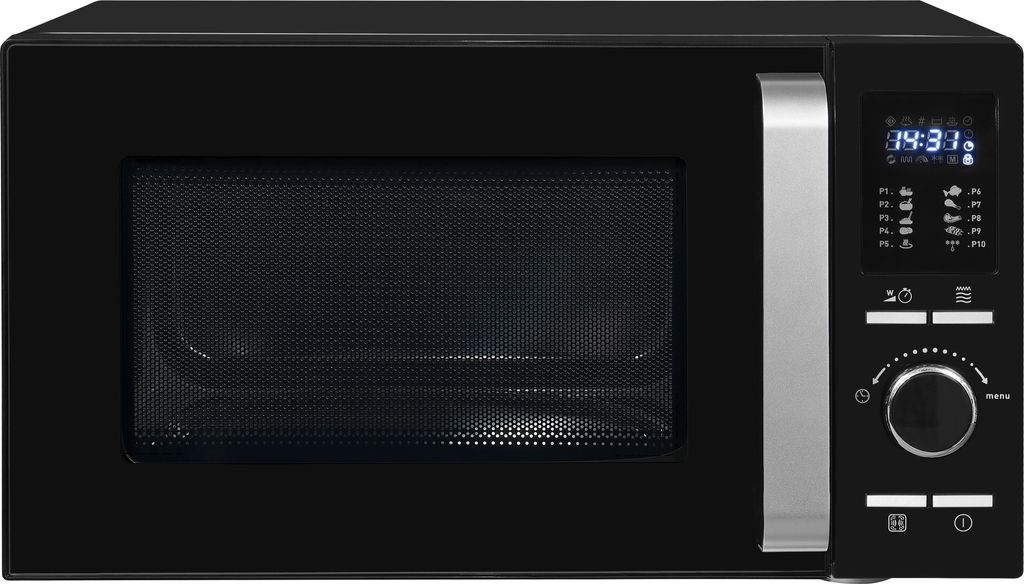 A black microwave oven with a silver handle and a digital display.