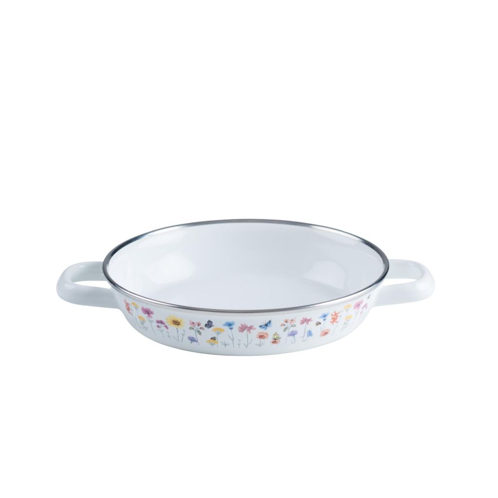 A white enamel frying pan with a floral pattern around the rim, shown on a white background.