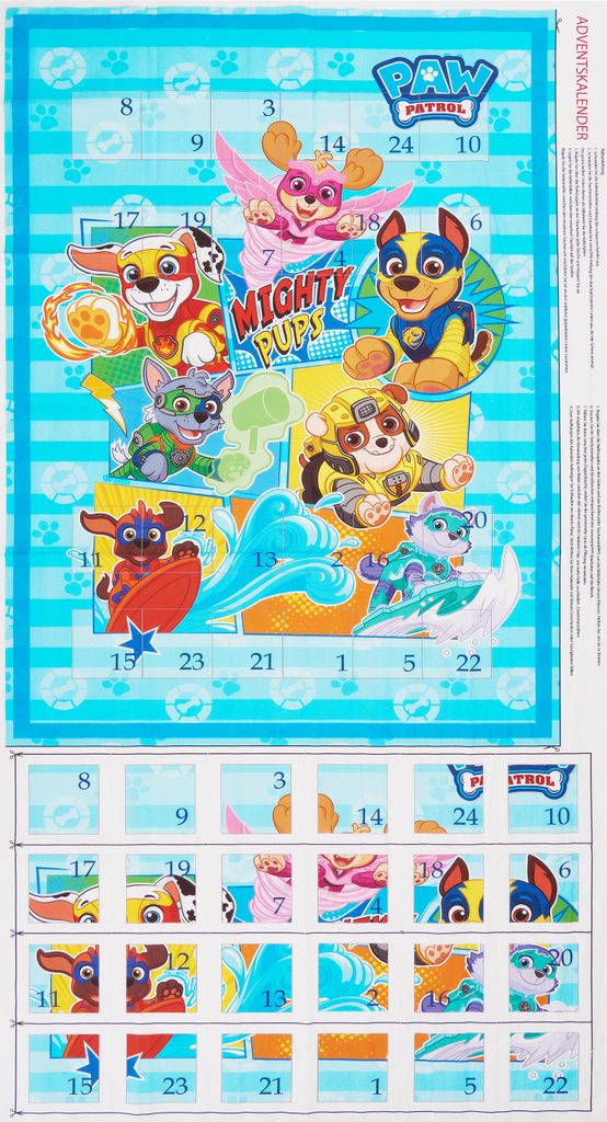 VBS Adventskalender Stoffpanel Paw Patrol Mighty Pups, ca. 150 x 80 cm DIY Nähen