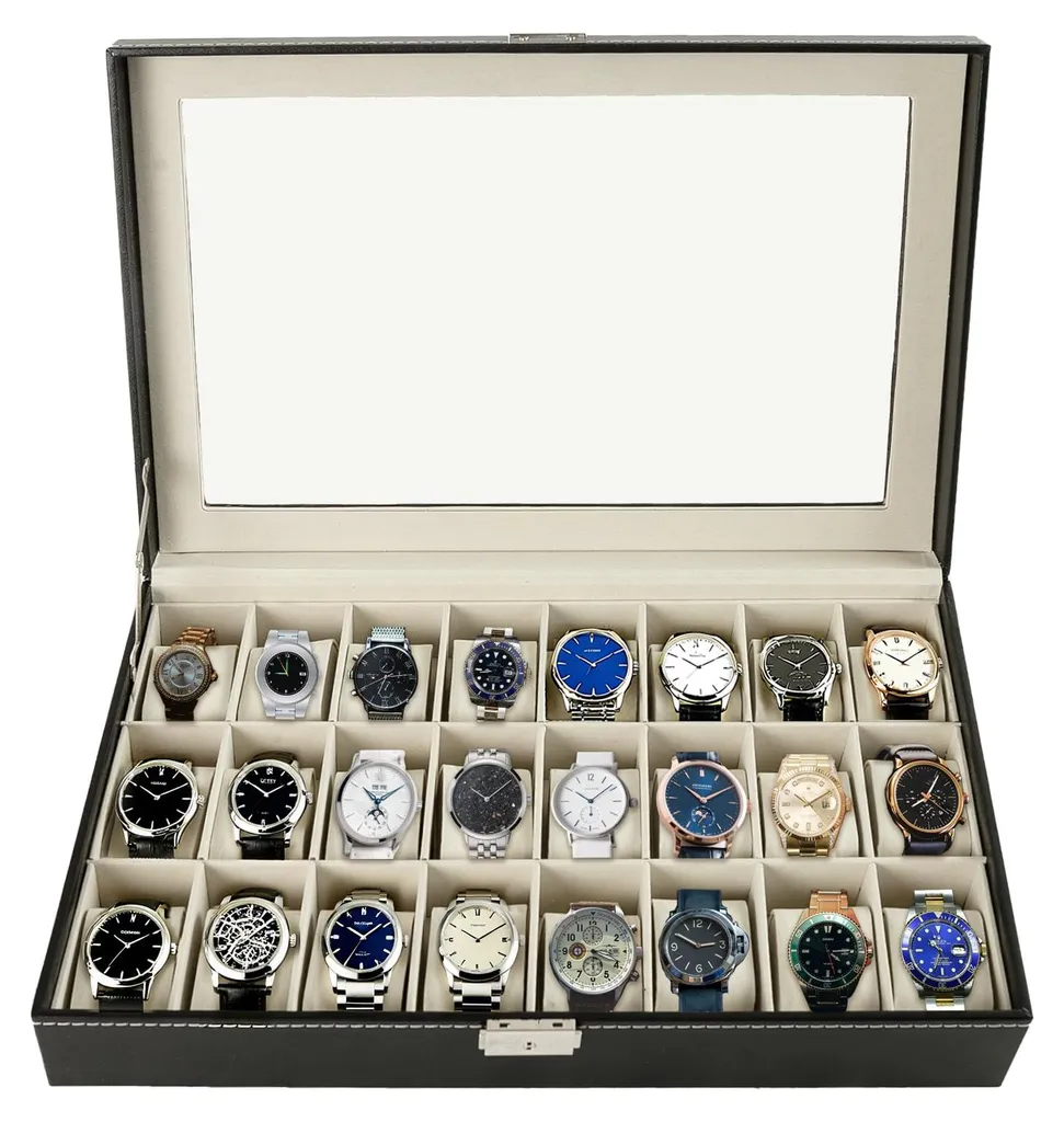 Coffret à montres 24 emplacements avec couvercle en verre et serrure