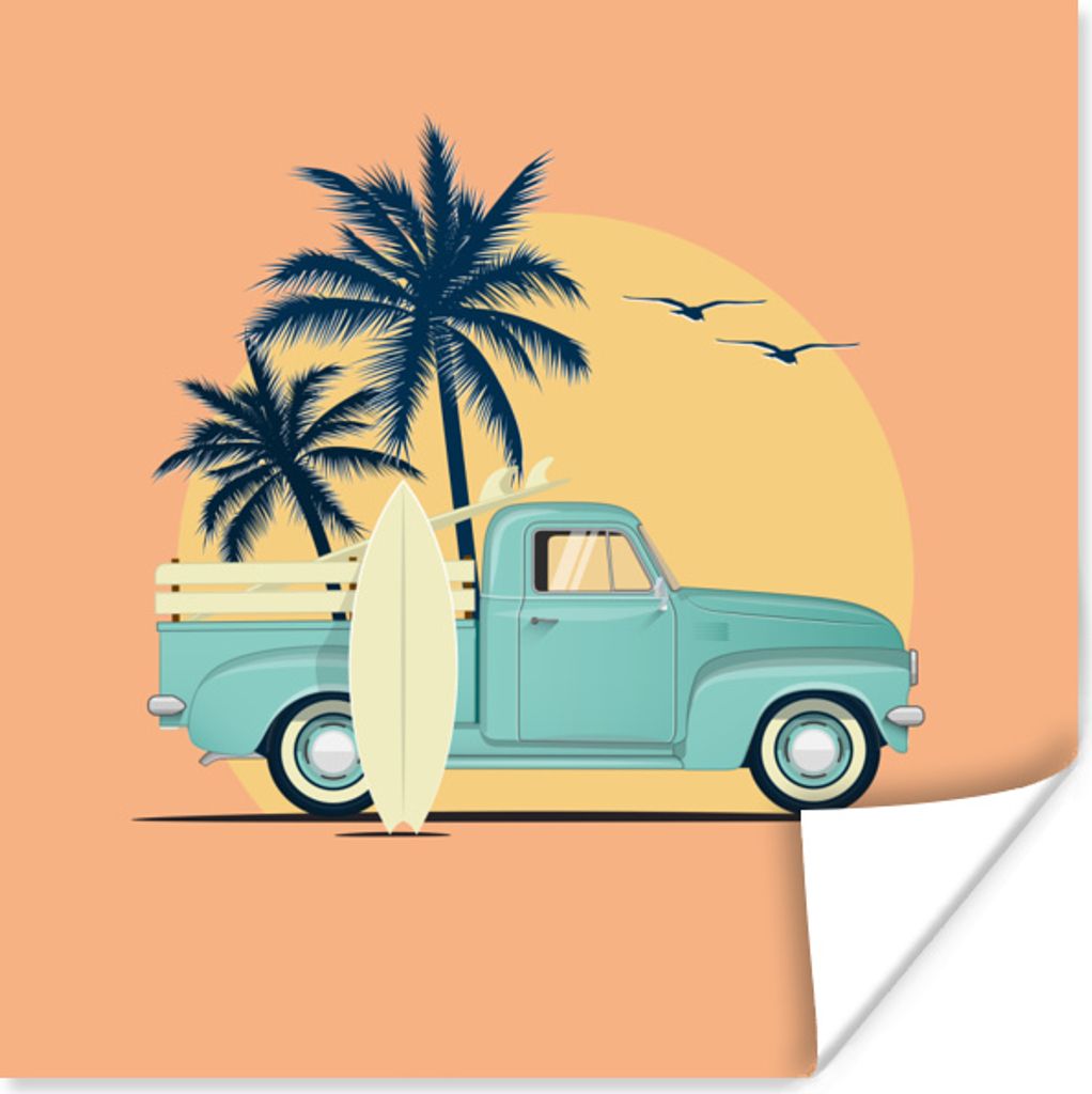 MuchoWow Poster Auto - Surfbrett - Palme - Pastell 30x30 cm - Wandposter - Printing