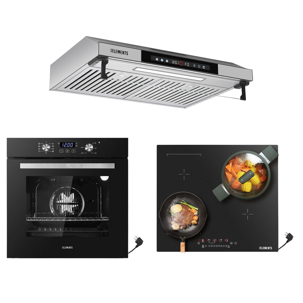 KB ELEMENTS Sparset, Einbauherd Set, Herdset, Induktionskochfeld 60cm, Einbaubackofen 60cm, Dunstabzugshaube 60cm, AQUA CLEAN, EV2/112/S60S