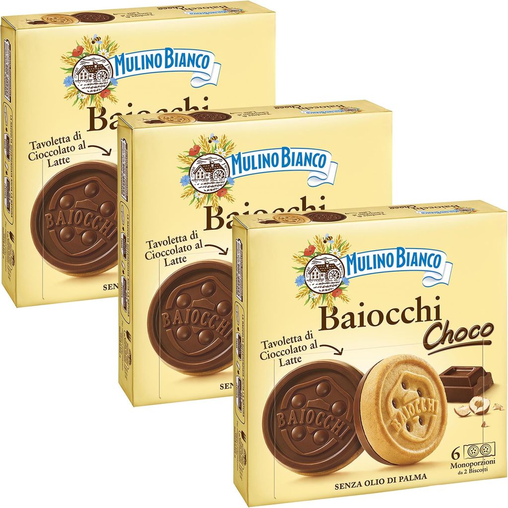 MULINO BIANCO Baiocchi Choco - Italienische Kekse mit Schokoladenfüllung 144g x 3 Pakete