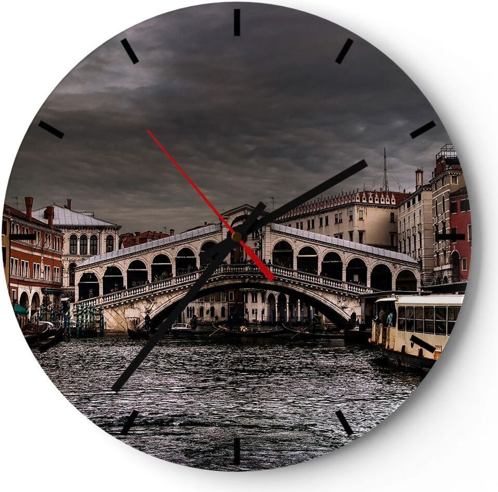 Wanduhr - Rund - Glasuhr - Venedig Brücke Wasser Stadthäuser - 40x40cm - Schleichendes Uhrwerk - Lautlos - zum Aufhängen bereit - Dekoration Mod...