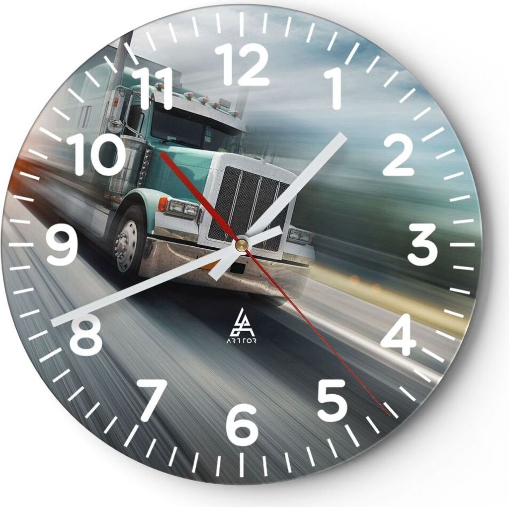 Wanduhr - Rund - Glasuhr - LKW Straße schnell - 40x40cm - Schleichendes Uhrwerk - Lautlos - zum Aufhängen bereit - Dekoration Modern - Wanddekora...