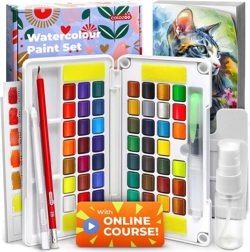 Colozoo Aquarellfarben Set 48 Farben – Watercolor Set inkl. Videokurs, Wassertankpinsel & Papier | Reise-Malkasten für Anfänger & Kinder